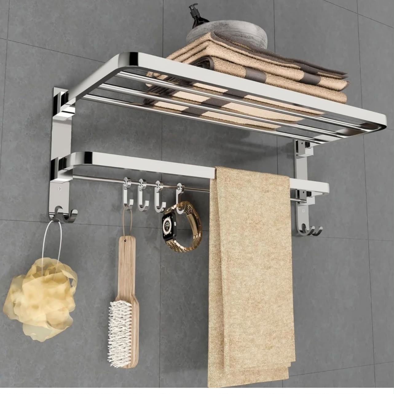 Folding Towel Rack with Hooks